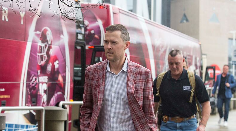 Oklahoma Sooners head coach Lincoln Riley arrived at the Omni Hotel with the team in Atlanta on Monday, Dec. 23, 2019.