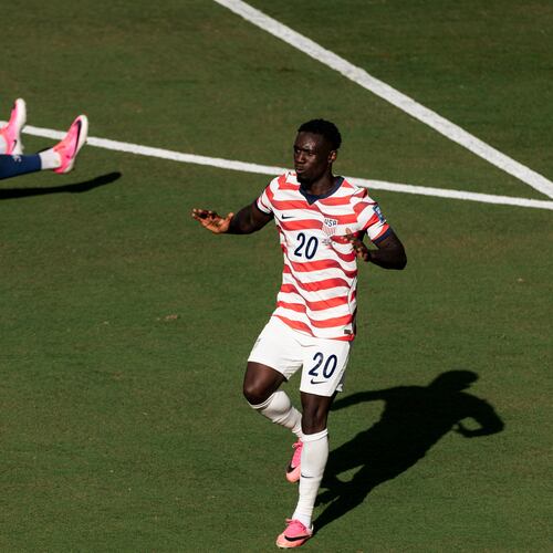 United States forward Folarin Balogun (20) gestures after scoring a goal during the first half of the World Cup 2026 Round of 32 Football match between United States and Bosnia and Herzegovina in Santa Clara, Calif., Wednesday, July 1, 2026. (Stephen Lam/San Francisco Chronicle via AP)