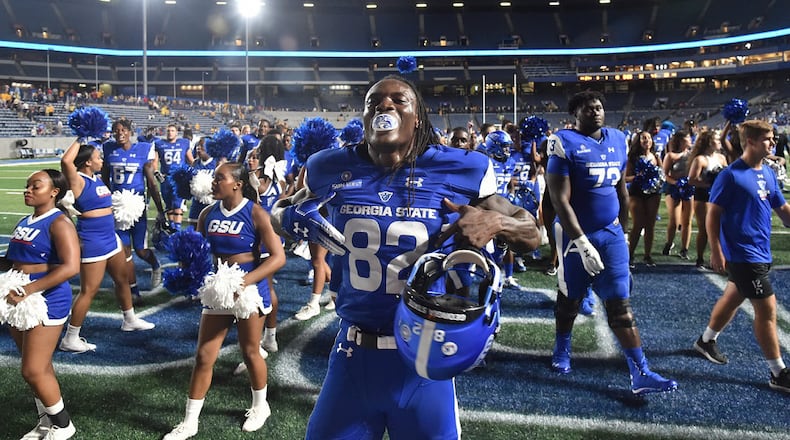 Georgia State wide receiver Diondre Champaigne (82) celebrates a victory against Kennesaw State at Georgia State Stadium on Thursday, August 30, 2018. HYOSUB SHIN / HSHIN@AJC.COM