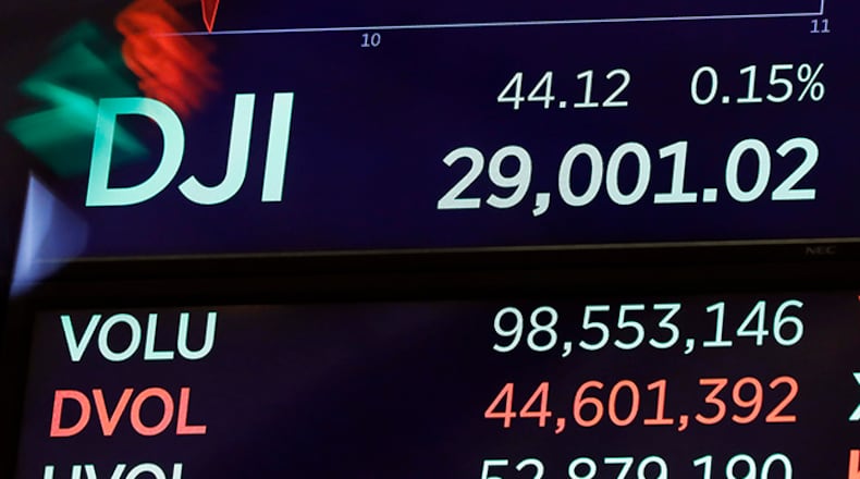 A board above the floor of the New York Stock Exchange shows the Dow Jones industrial average above 29,000 Friday after the opening bell.
