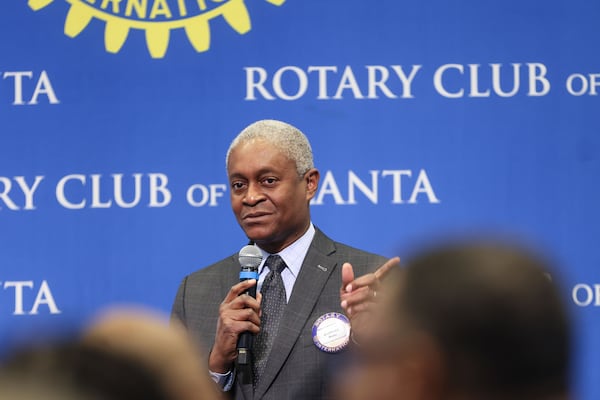 Raphael Bostic, then-president and CEO of the Federal Reserve Bank of Atlanta, speaks during a Rotary Club meeting on Monday, Feb. 2, 2026, at the Loudermilk Conference Center in Atlanta. (Natrice Miller/AJC)