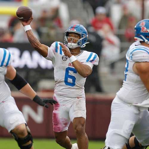 Mississippi quarterback Trinidad Chambliss (6) throws a pass during the first half of an NCAA college football game against Oklahoma in Norman, Okla., Saturday, Oct. 25, 2025. (AP Photo/Alonzo Adams)