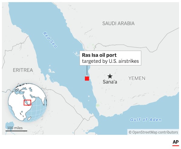 The map above locates the oil port of Ras Isa in Yemen. (AP Graphic)