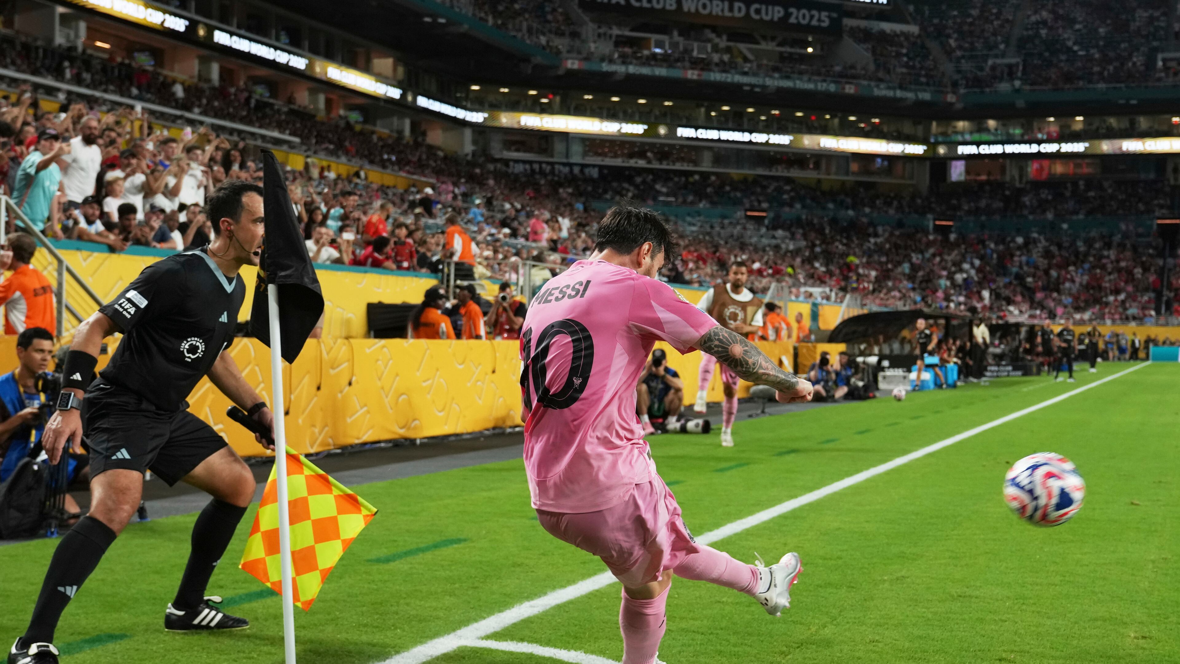 Inter Miami's Lionel Messi takes a corner kick during the Club World Cup group A match June 14, 2025. Inter Miami takes on Porto on Thursday (Lynne Sladky/AP)