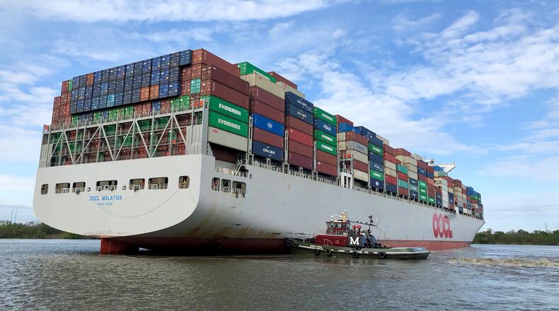 A river pilot craft guides the OOCL Malaysia freighter to a bearth at the Port of Savannah on Monday, March 26, 2018. J. Scott Trubey/strubey@ajc.com
