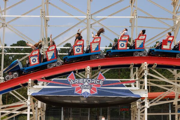 Visitors ride ArieForce One at Fun Spot America Atlanta in Fayetteville. The roller coaster, which went into operation in 2023, is considered one of the best in the country by coaster aficionados. (Arvin Temkar/AJC)