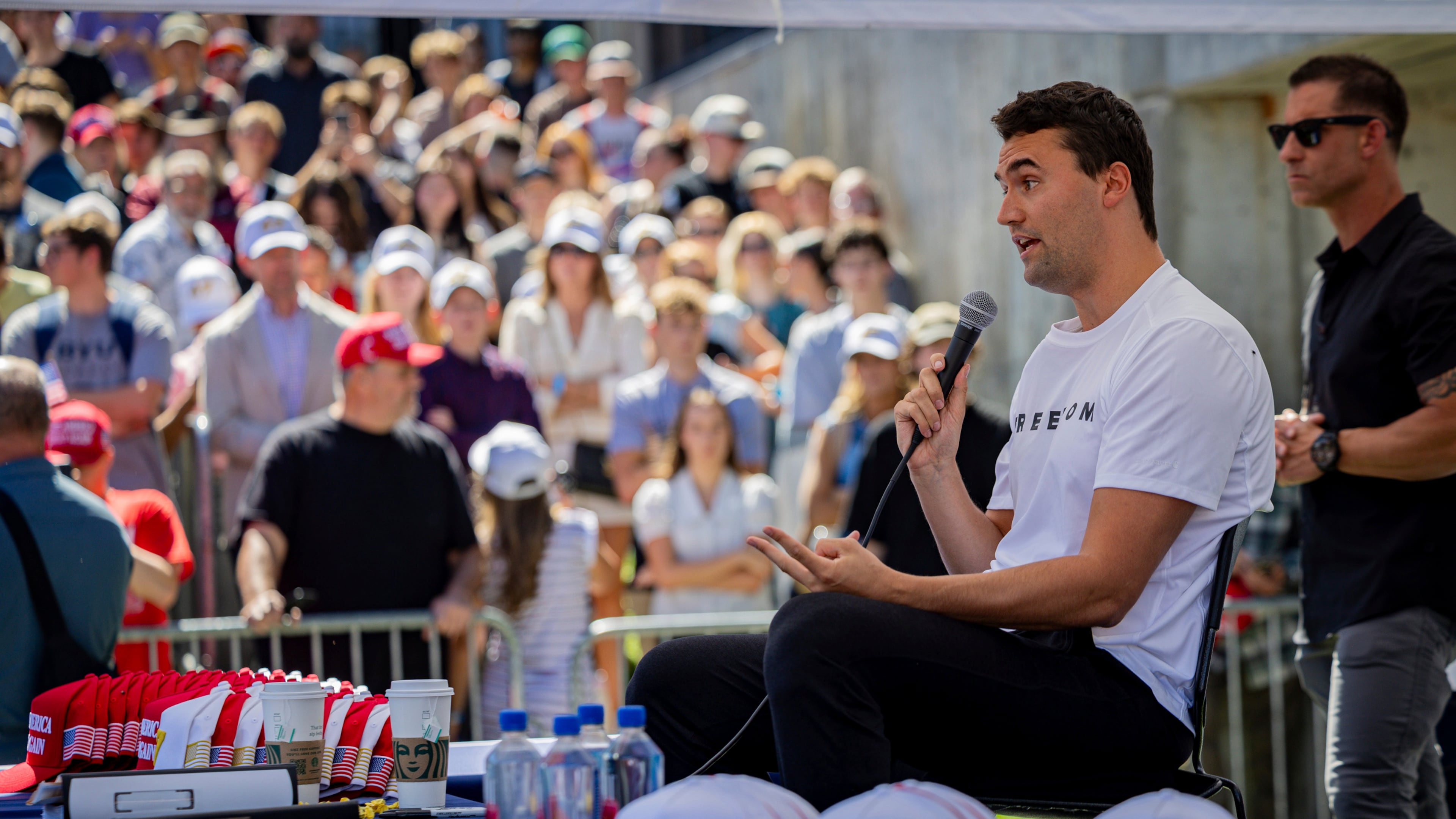 Charlie Kirk speaks before he is shot during Turning Point's visit to Utah Valley University in Orem, Utah, Wednesday, Sept. 10, 2025. (Tess Crowley/The Deseret News via AP)