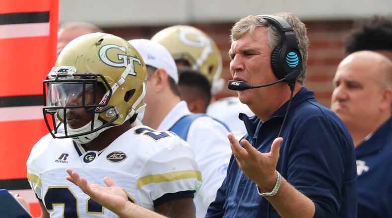 November 25, 2017 Atlanta: Georgia Tech head coach Paul Johnson reacts to a play against Georgia during the first half in a NCAA college football game on Saturday, November 25, 2017, in Atlanta.   Curtis Compton/ccompton@ajc.com