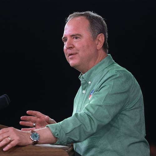 Sen. Adam Schiff, D-Calif., speaks during a campaign event on Proposition 50, Saturday, Nov. 1, 2025, in Los Angeles. (AP Photo/Ethan Swope)