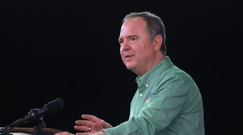 Sen. Adam Schiff, D-Calif., speaks during a campaign event on Proposition 50, Saturday, Nov. 1, 2025, in Los Angeles. (AP Photo/Ethan Swope)