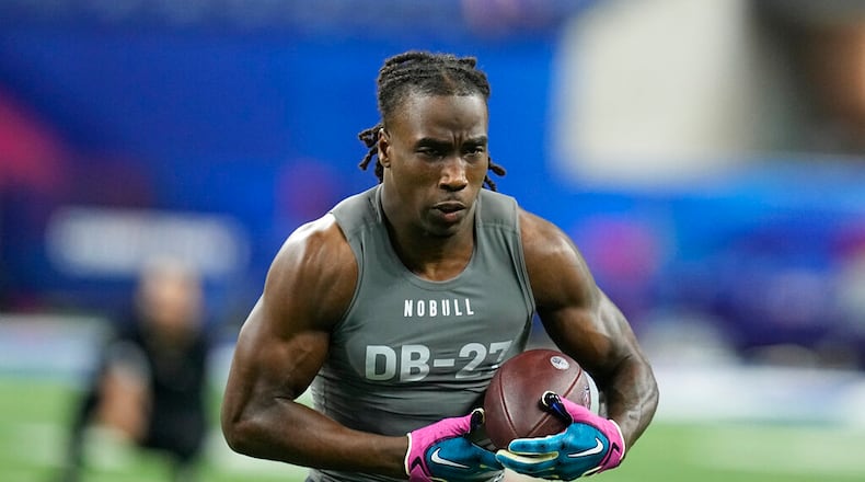 Georgia defensive back Kelee Ringo runs a drill at the NFL football scouting combine in Indianapolis, Friday, March 3, 2023. (AP Photo/Darron Cummings)