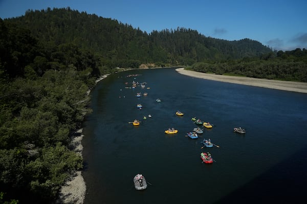 Native youth kayakers and support rafts of family and international paddlers begin journeying the last couple of miles of the Klamath River to reach the Pacific Ocean on Friday, July 11, 2025, in Klamath, Calif. (AP Photo/Brittany Peterson)