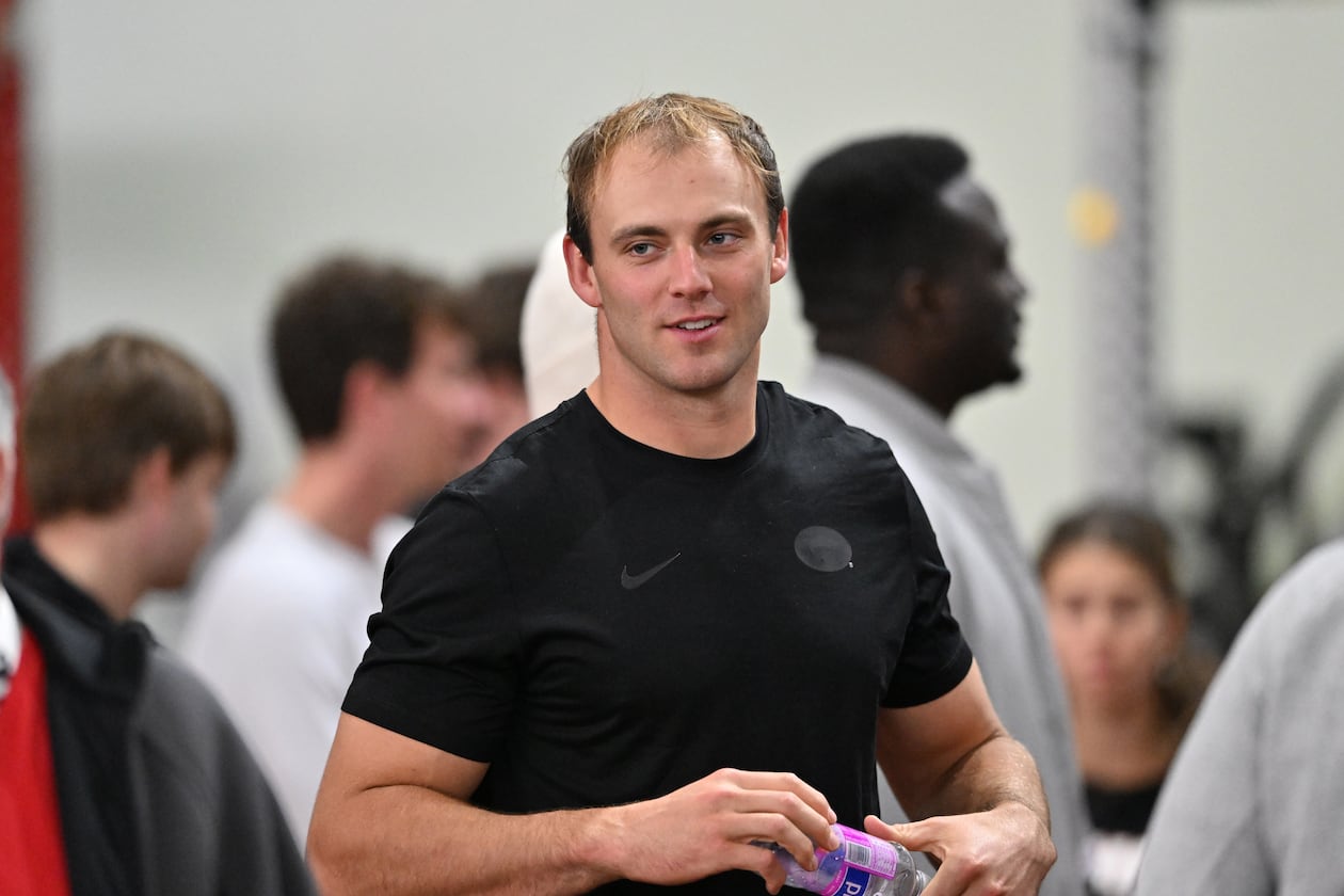 Former Georgia tight end Brock Bowers was at the program's NFL Pro Day at Payne Indoor Athletic Facility on Wednesday, March 18, 2026, in Athens. (Hyosub Shin/AJC)
