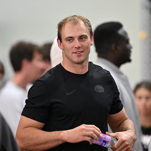 Former Georgia tight end Brock Bowers was at the program's NFL Pro Day at Payne Indoor Athletic Facility on Wednesday, March 18, 2026, in Athens. (Hyosub Shin/AJC)