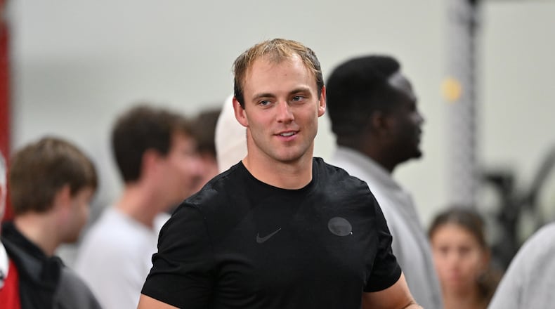 Former Georgia tight end Brock Bowers was at the program's NFL Pro Day at Payne Indoor Athletic Facility on Wednesday, March 18, 2026, in Athens. (Hyosub Shin/AJC)