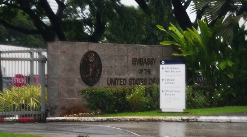 The entrance of the U.S. Embassy is seen in Yangon, Myanmar, Friday, June 12, 2026. (AP Photo)