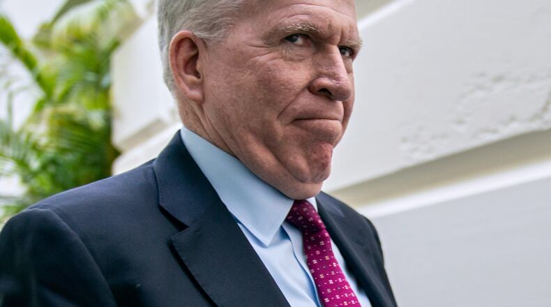 FILE - Former CIA Director John Brennan arrives for a meeting at the Capitol in Washington, May 21, 2019. (AP Photo/J. Scott Applewhite, File)