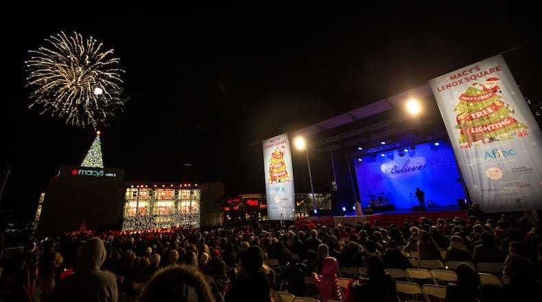 Fireworks light up the sky during the 68th annual Macy's Great Tree lighting celebration at Lenox Square Mall, Sunday, Nov. 22, 2015, in Atlanta. Thousands gathered for the annual event which included performances by Jordin Sparks, Danny Gokey, Mercy Me, and many more. BRANDEN CAMP/SPECIAL