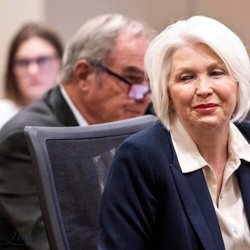 FILE - Former Mesa County Clerk and Recorder Tina Peters smiles at supporters sitting behind her during her sentencing for her election interference case at the Mesa County District Court, Thursday, Oct. 3, 2024, in Grand Junction, Colo. (Larry Robinson/The Grand Junction Daily Sentinel via AP, File)