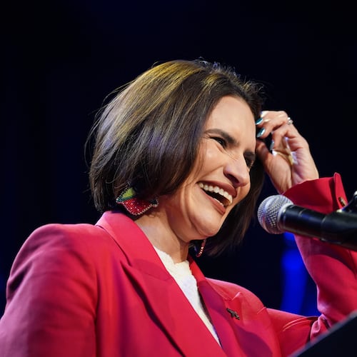 Minnesota Lt. Gov. Peggy Flanagan, a Democratic candidate for U.S. Senate, smiles on stage during an election night watch party on Tuesday, Aug. 11, 2026, in Minneapolis. (AP Photo/Ellen Schmidt)