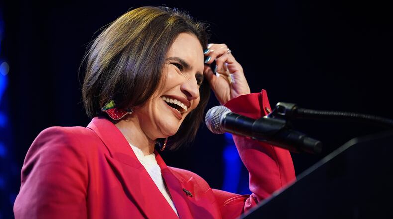 Minnesota Lt. Gov. Peggy Flanagan, a Democratic candidate for U.S. Senate, smiles on stage during an election night watch party on Tuesday, Aug. 11, 2026, in Minneapolis. (AP Photo/Ellen Schmidt)