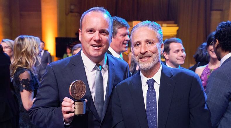 Brendan Keefe at the recent Peabody ceremonies with Jon Stewart. CREDIT: Keefe/special