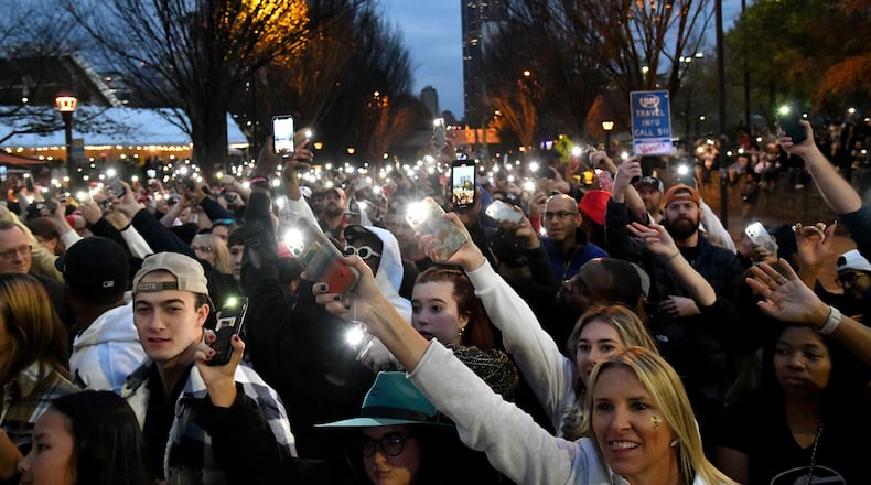 Georgia Tech fans cheer as they wait for Ludacris’s performance during Block Party prior to an NCAA college football game between Georgia Tech and Georgia at Georgia Tech's Bobby Dodd Stadium, Saturday, November 25, 2023, in Atlanta. (Hyosub Shin / Hyosub.Shin@ajc.com)