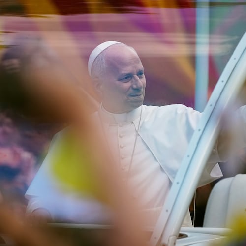 Pope Leo XIV waves as he arrives to celebrate Mass at the Basilica of the Sagrada Familia in Barcelona, Spain, Wednesday, June 10, 2026. (AP Photo/Joan Mateu Parra)