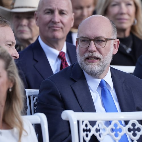 Russell Vought, Director of the Office of Management and Budget, attends a ceremony where President Donald Trump will present the Presidential Medal of Freedom for Charlie Kirk to his widow Erika Kirk in the Rose Garden of the White House, Tuesday, Oct. 14, 2025, in Washington. (AP Photo/Mark Schiefelbein)