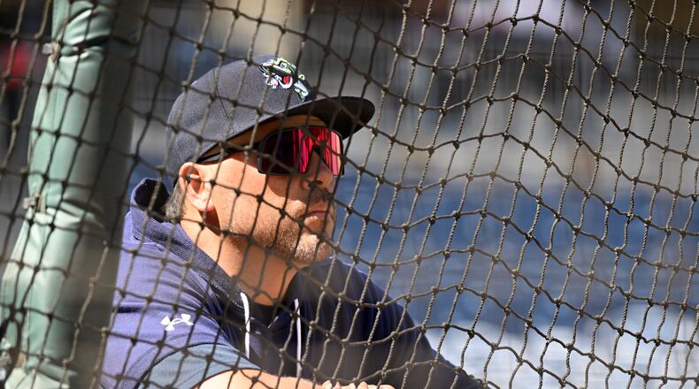 Gwinnett Stripers manager Matt Tuiasosopo watches batting practice during a workout at Coolray Field, Wednesday, March 29, 2023, in Lawrenceville. (Hyosub Shin / Hyosub.Shin@ajc.com)