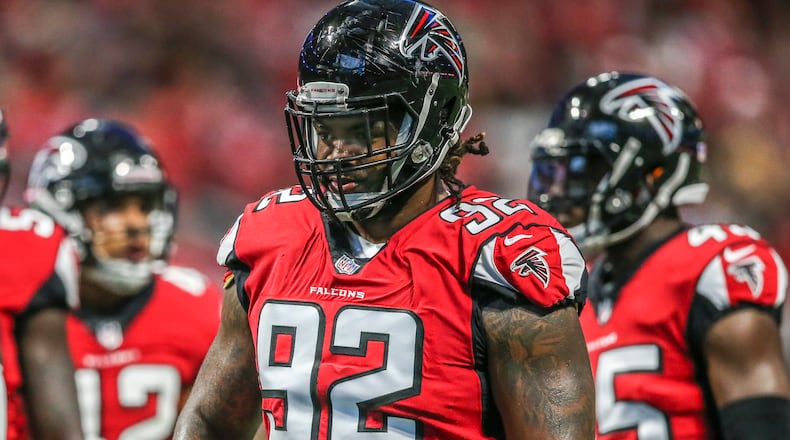 August 26, 2017 Atlanta: PLAYER PROFILE - Atlanta Falcons nose tackle Dontari Poe (92) during play on Saturday, Aug. 26, 2017 at the opening of the brand new Mercedes Benz Stadium and pre-season NFL game between the Atlanta Falcons and the Arizona Cardinals. JOHN SPINK/JSPINK@AJC.COM