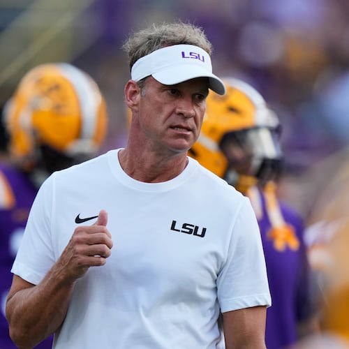 LSU head coach Lane Kiffin walks on the field before an NCAA college football game against Louisiana Tech, Saturday, Sept. 12, 2026 in Baton Rouge, La. (AP Photo/Gerald Herbert)