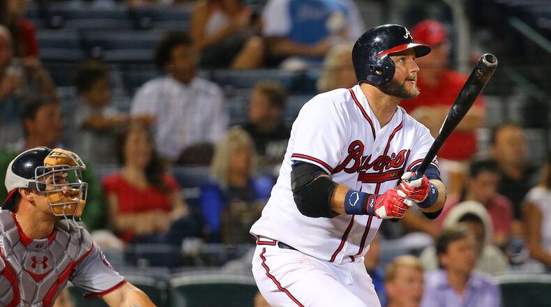 Braves' A.J. Pierzynski hits a solo homer, his second of the night, on Tuesday, Sept. 29, 2015, in Atlanta. Curtis Compton / ccompton@ajc.com