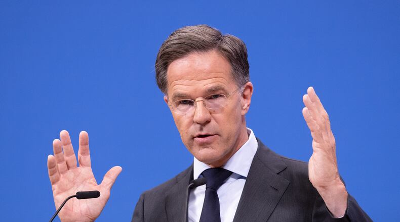 NATO Secretary General Mark Rutte speaks during a pre-ministerial media conference at NATO headquarters in Brussels, Wednesday, June 17, 2026. (AP Photo/Omar Havana)