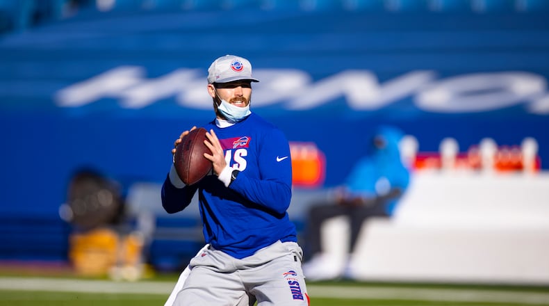 Buffalo Bills quarterback Jake Fromm (10) warms up before a game against the Los Angeles Chargers, Sunday, Nov. 29, 2020, in Orchard Park, N.Y. (Brett Carlsen/AP)