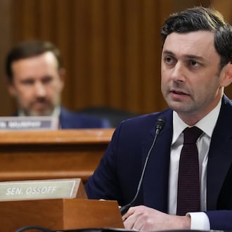 U.S. Sen. Jon Ossoff, D-Ga., questions Defense Secretary Pete Hegseth during a Senate Appropriations Committee hearing Tuesday on Capitol Hill in Washington, D.C. (Jacquelyn Martin/AP)