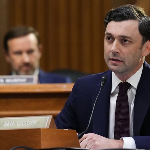 U.S. Sen. Jon Ossoff, D-Ga., questions Defense Secretary Pete Hegseth during a Senate Appropriations Committee hearing Tuesday on Capitol Hill in Washington, D.C. (Jacquelyn Martin/AP)