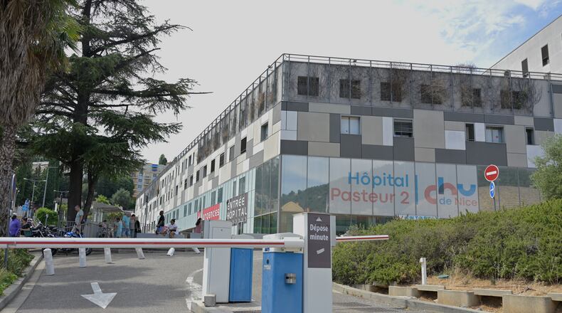 A view of a hospital where, according to reports, three people injured by an an explosive device in Monaco a day before, are being treated, in Nice southern France, Tuesday, June 30, 2026. (AP Photo/Philippe Magoni)