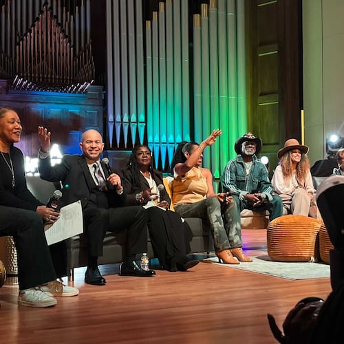 Cast members from the "A Different World" visited Morehouse College and other historically Black colleges and universities in Atlanta in February 2024. Holding the microphone is Darryl M. Bell, who played student Ron Johnson at Hillman College, a fictional HBCU. (Auzzy Byrdsell/AJC 2024)