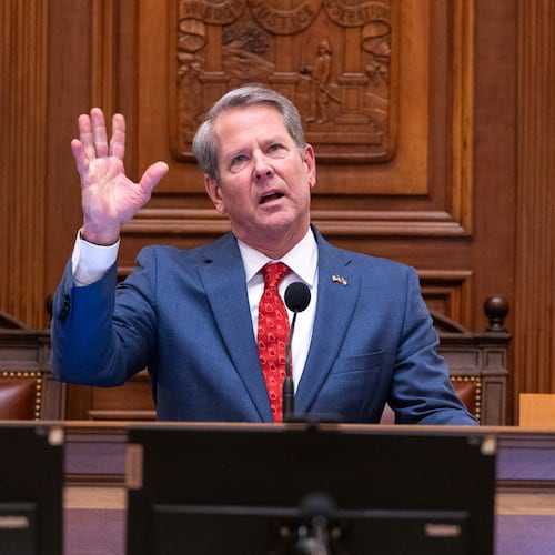 Gov. Brian Kemp makes a final speech at the House of Representatives on Sine Die, the last day of the legislative session, at the Capitol on April 2, 2026. (Arvin Temkar/AJC)