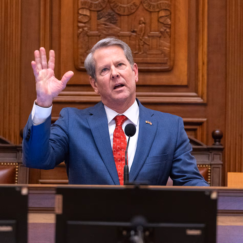 Gov. Brian Kemp makes a final speech at the House of Representatives on Sine Die, the last day of the legislative session, at the Capitol on April 2, 2026. (Arvin Temkar/AJC)