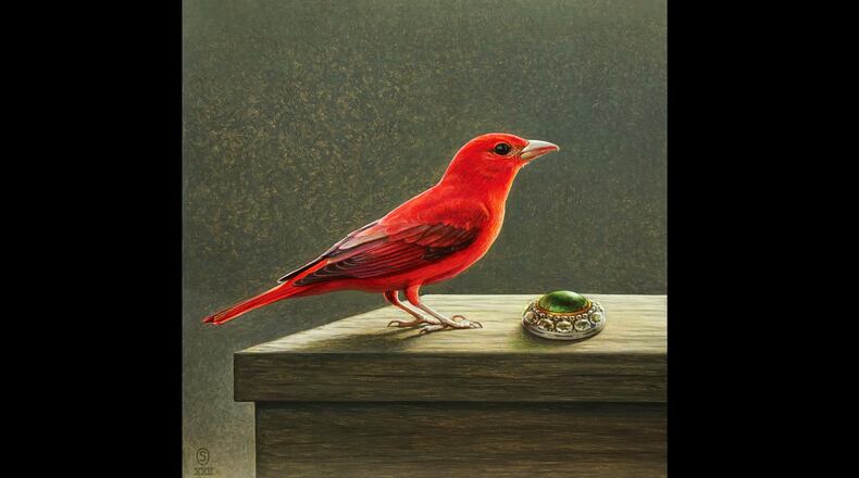 The beauty of bird and jewel are rendered in exquisite detail in Stephen O'Donnell's "Competition (summer tanager)," one of his works on show at TEW Galleries.