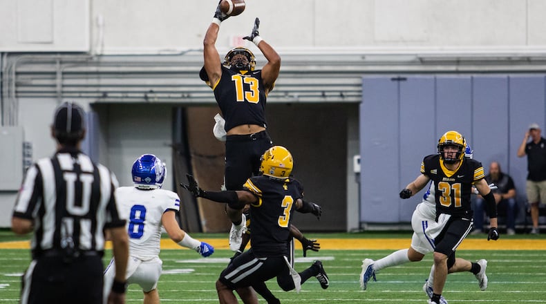 Former Idaho linebacker Paul Moala (13) announced his transfer to Georgia Tech May 16, 2023. Moala played one season for the Vandals after transferring from Notre Dame. (Spencer Farrin/Idaho Athletics)