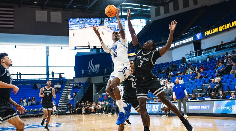 Jay'Den Turner, shown here against Little Rock on Nov. 19 in Atlanta, had 16 points and eight rebounds against the Trojans in Arkansas on Nov. 22, 2023. (Daniel Wilson/Georgia State Athletics)