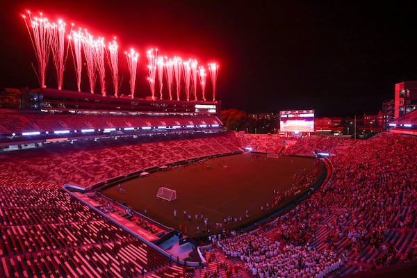 Fireworks go off after the conclusion of Georgia’s 6-0 win against James Madison during their “Soccer in Sanford” game on Thursday, Aug. 20, 2026, in Athens. (Jason Getz/AJC)