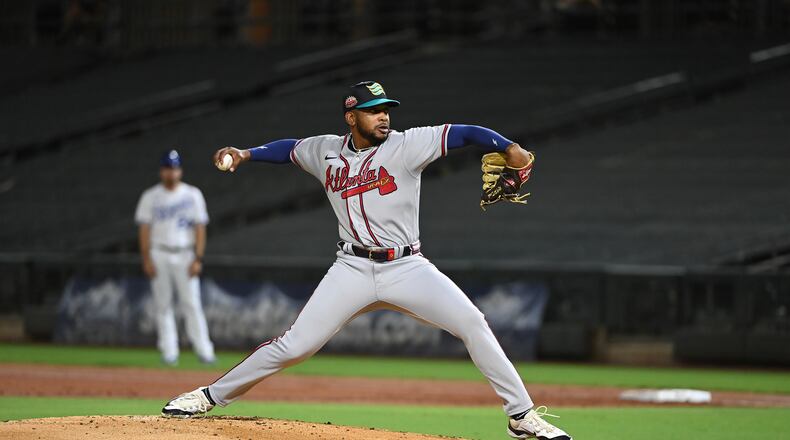 Darius Vines of the Salt River Rafters pitches during the game between the Salt River Rafters and the Surprise Saguaros at Surprise Stadium on Tuesday, Oct. 17, 2023 in Surprise, Arizona. (Arizona Fall League)