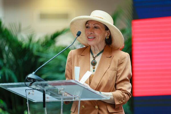 Valerie Jackson, widow of former Atlanta Mayor Maynard Jackson, speaks during the Centennial Celebration finale at Hartsfield-Jackson Atlanta International Airport on Thursday, Sept. 10, 2026. (Jason Getz/AJC)