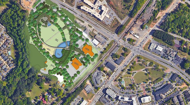 Once completed, Town Center Park and Town Center on Main will function as a unified space, linked by Station Park (located next to the police station) and the pedestrian tunnel under the railroad. Courtesy City of Suwanee