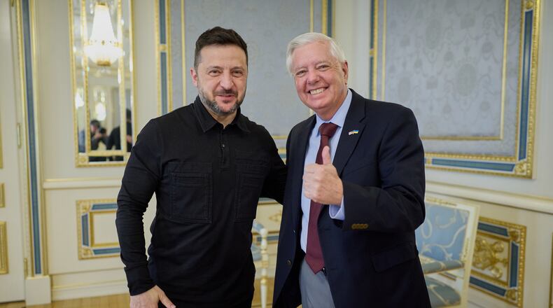 Ukrainian President Volodymyr Zelenskyy (left) and U.S. Sen. Lindsey Graham, R-S.C. meet in Kyiv, Ukraine, Friday, July 10, 2026. (Ukrainian Presidential Press Office via AP)