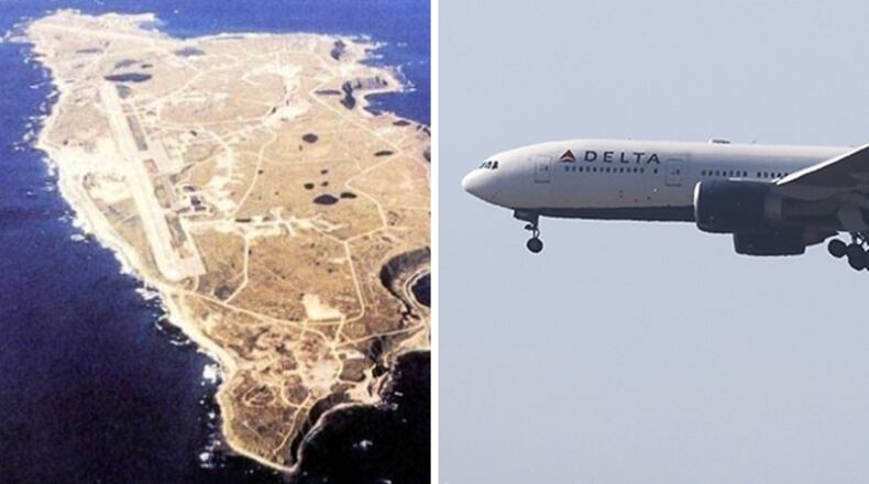 LEFT: Shemya Island (archive.defense.gov) | RIGHT: Delta air wide-body jet  (Photo by Mario Tama/Getty Images)